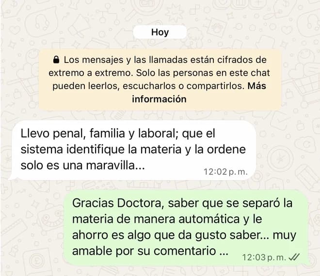 Clienta: llevo penal, familia y laboral; que el sistema identifique la materia y la ordene solo es una maravilla.
